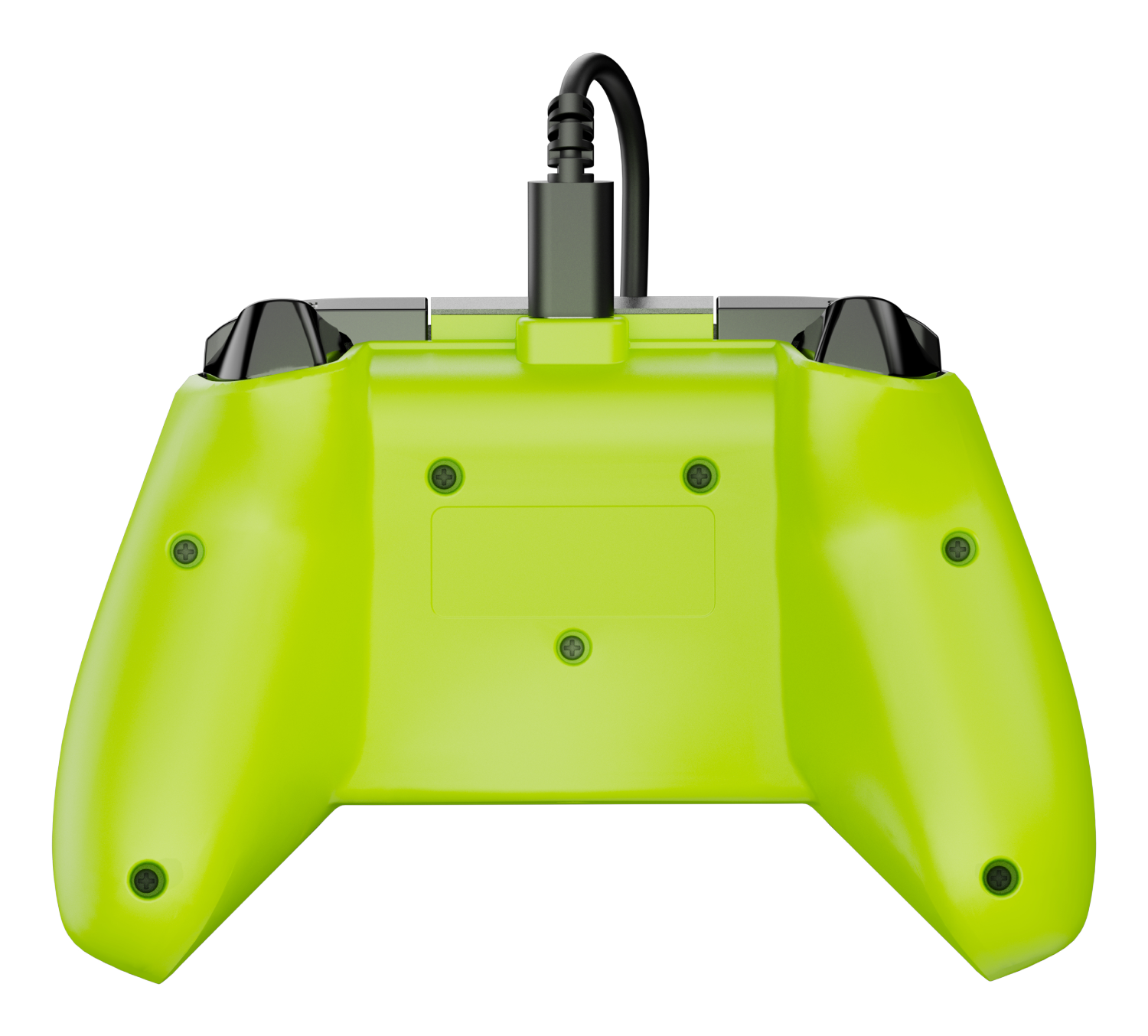 Un mando de juego verde con un cable negro. El mando tiene botones y tornillos negros. El fondo es blanco.