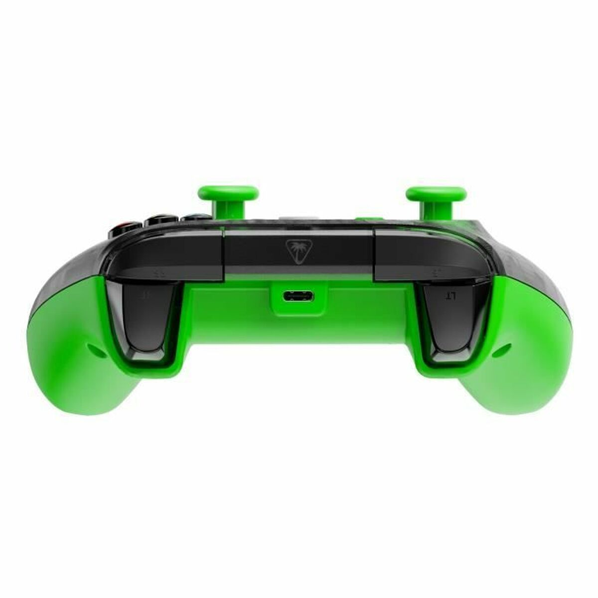 Un mando de juegos, verde y negro. Cuenta con botones, gatillos y joysticks. El diseño es simétrico y ergonómico.