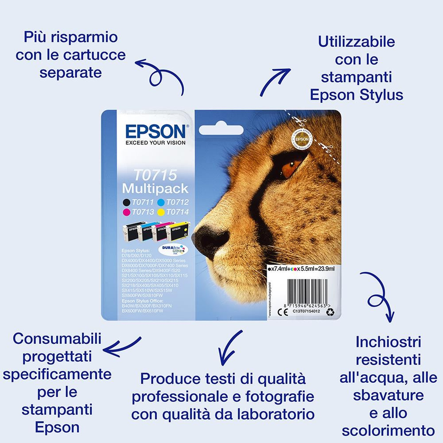 Cartucce d'inchiostro Epson T0715 multipack. Faccia di ghepardo sullo sfondo, vengono presentati dettagli e vantaggi del prodotto.