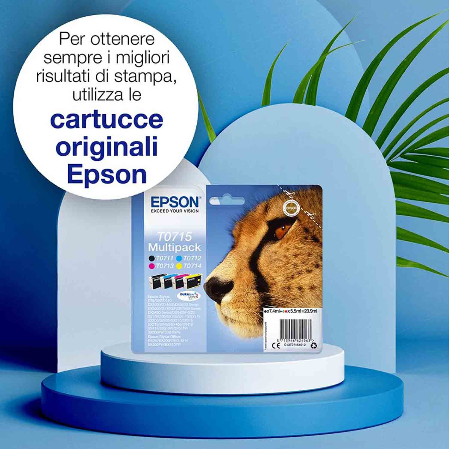 Multipack cartucce inchiostro Epson T0715. Packaging con volto di ghepardo e testo in italiano.