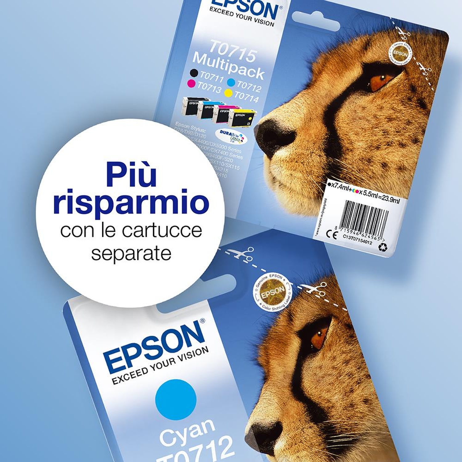 Cartucce d'inchiostro Epson con volto di ghepardo. Inchiostro ciano visibile. Testo 'Più risparmio' (Più risparmio).
