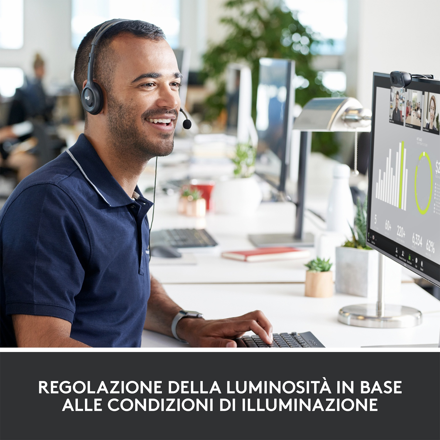 Un uomo con le cuffie sorride mentre lavora al computer. Una videochiamata è sullo schermo. Il testo mostra grafici.