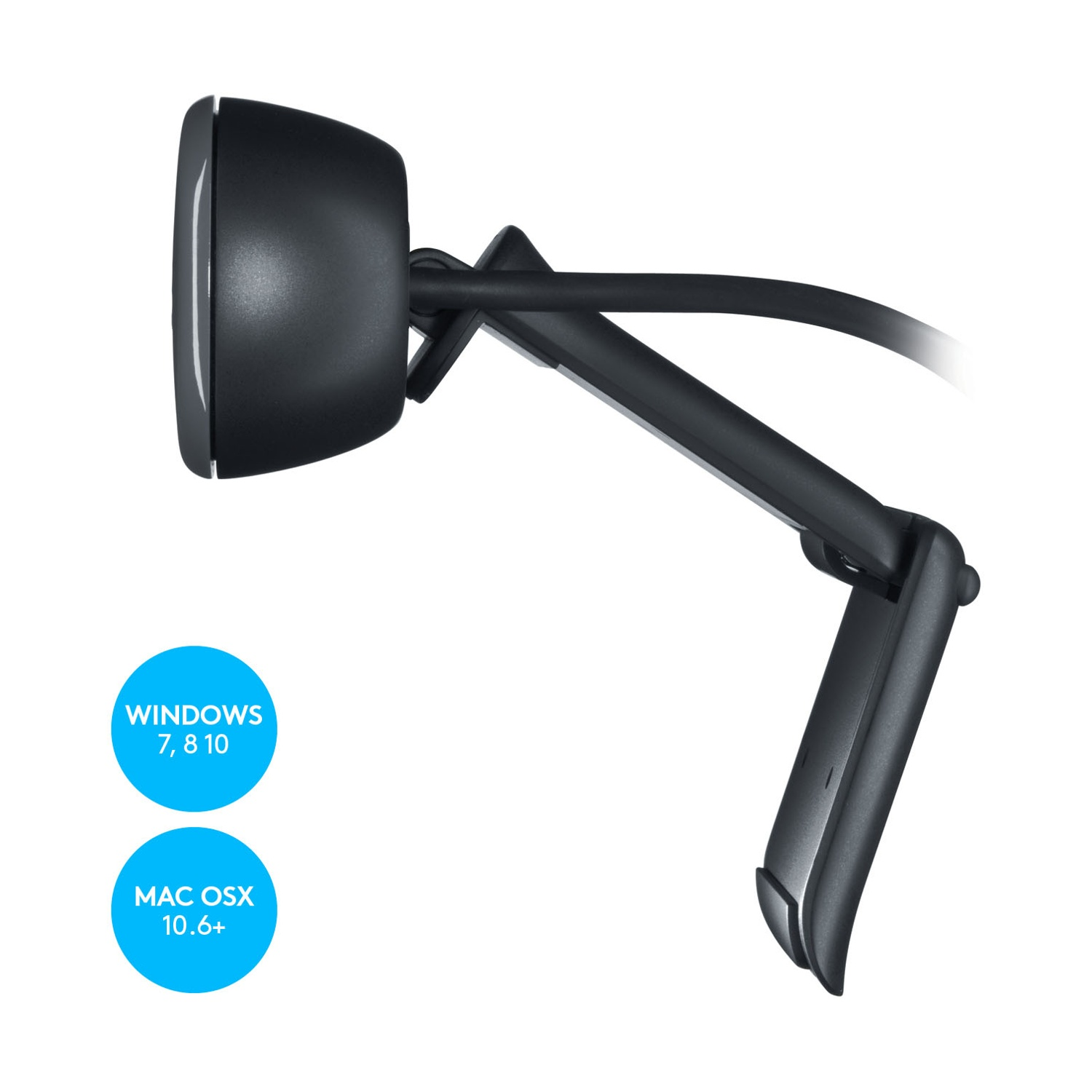 Webcam nera su sfondo bianco. La webcam è collegata a un supporto ed è compatibile con Windows e Mac OS X.