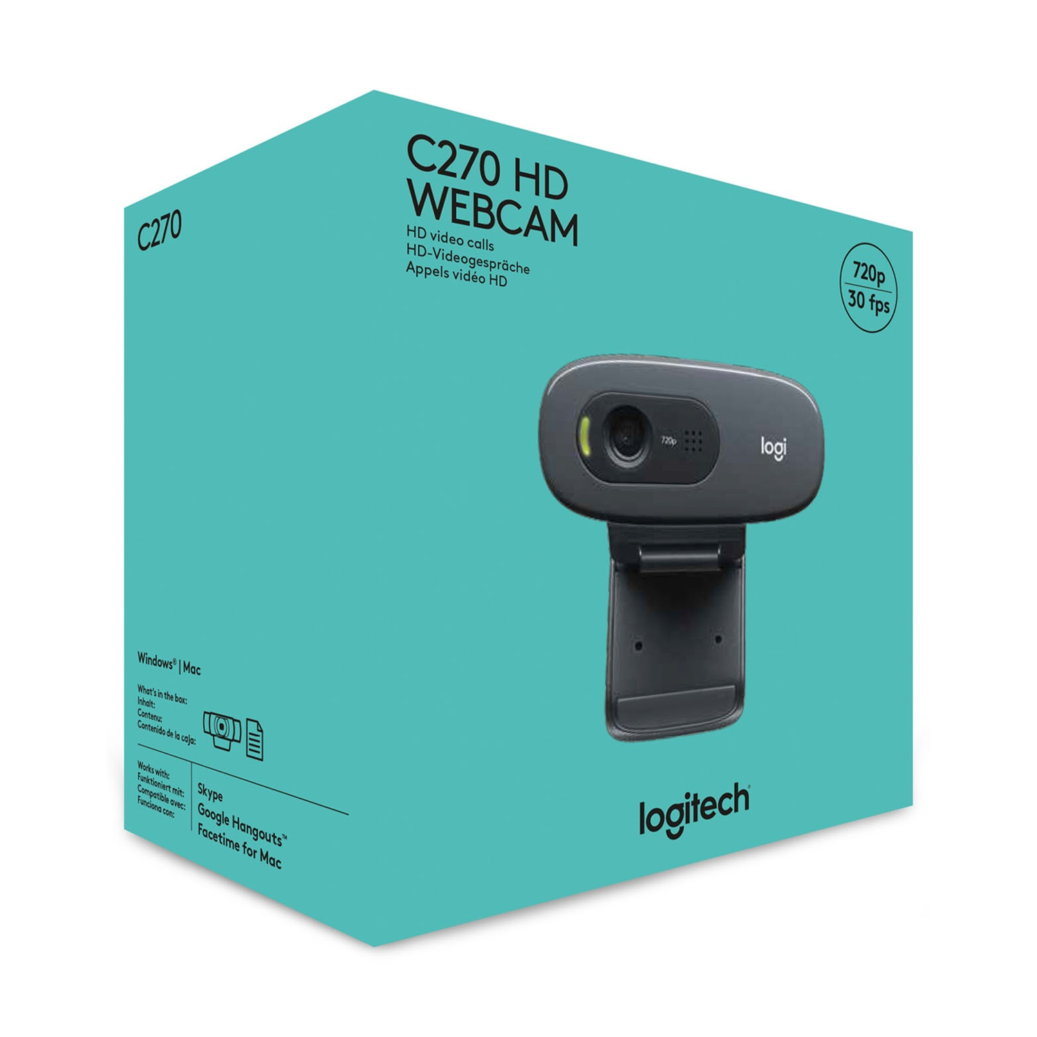Una scatola della webcam Logitech C270 HD. La scatola è verde acqua con la webcam e il logo. Il testo include i dettagli del prodotto e la compatibilità.