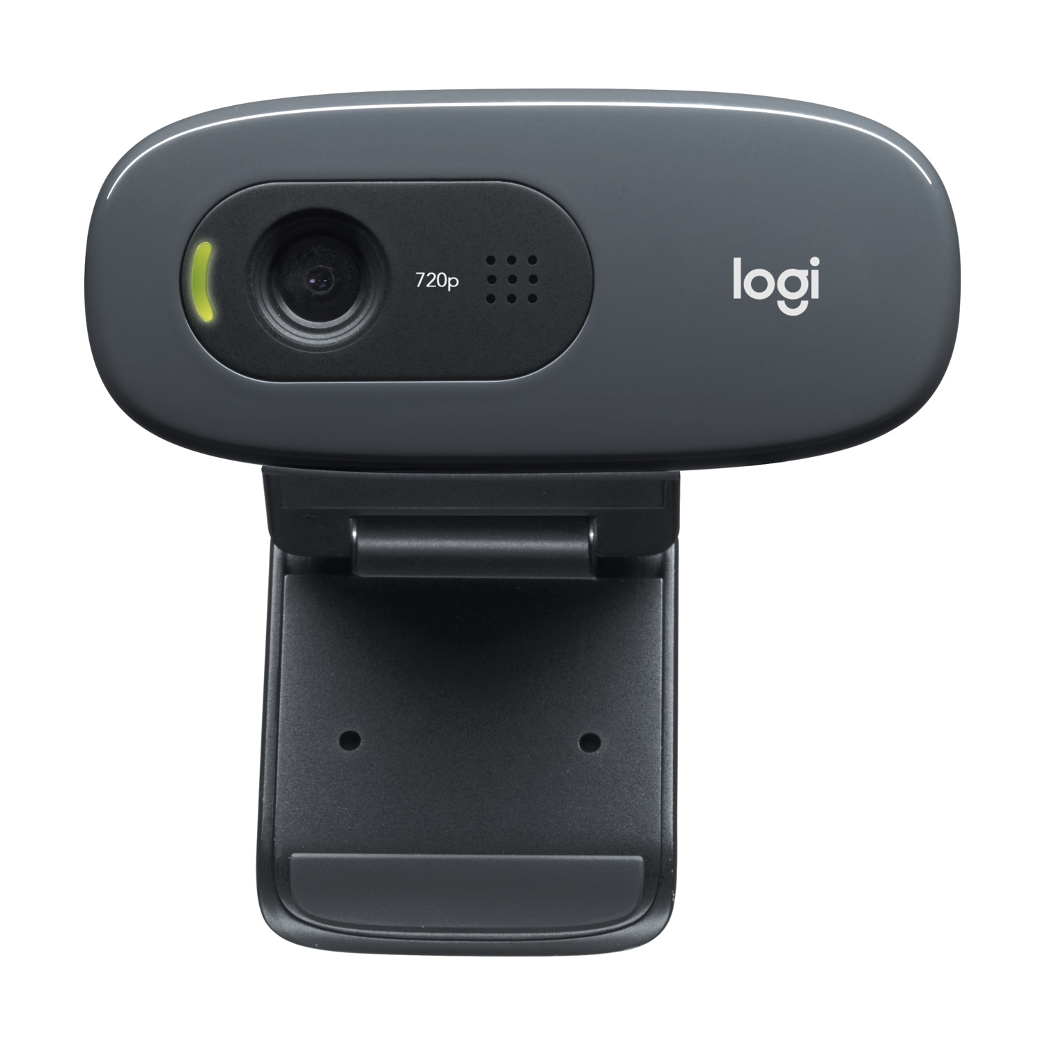 Una webcam Logitech. Ha un corpo grigio scuro e una base nera. L'obiettivo è al centro, con la parola 'logi' di lato.