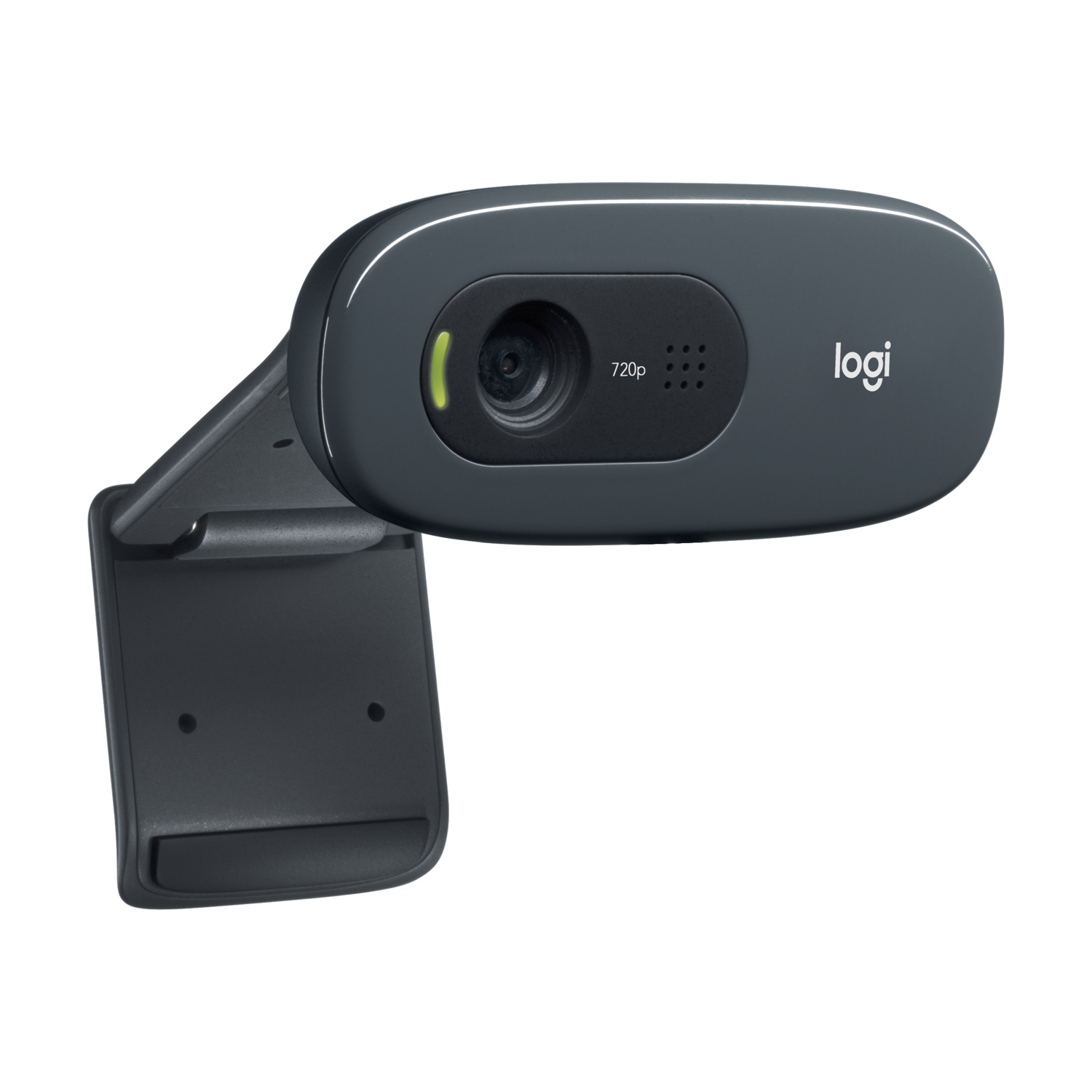 Una webcam Logitech grigio scuro. Ha un obiettivo, la parola "logi" e un'etichetta 720p. È montata su un supporto regolabile nero.
