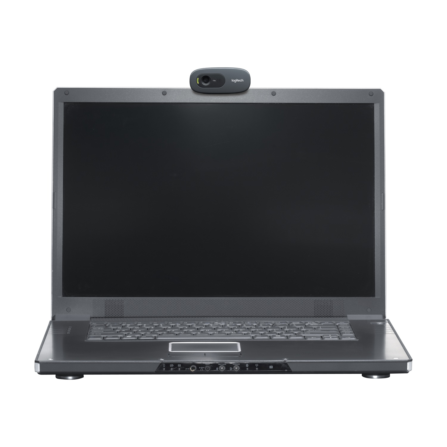 Un laptop con una webcam sopra. Il laptop è nero con uno schermo scuro. La webcam è grigia e ha il logo Logitech.