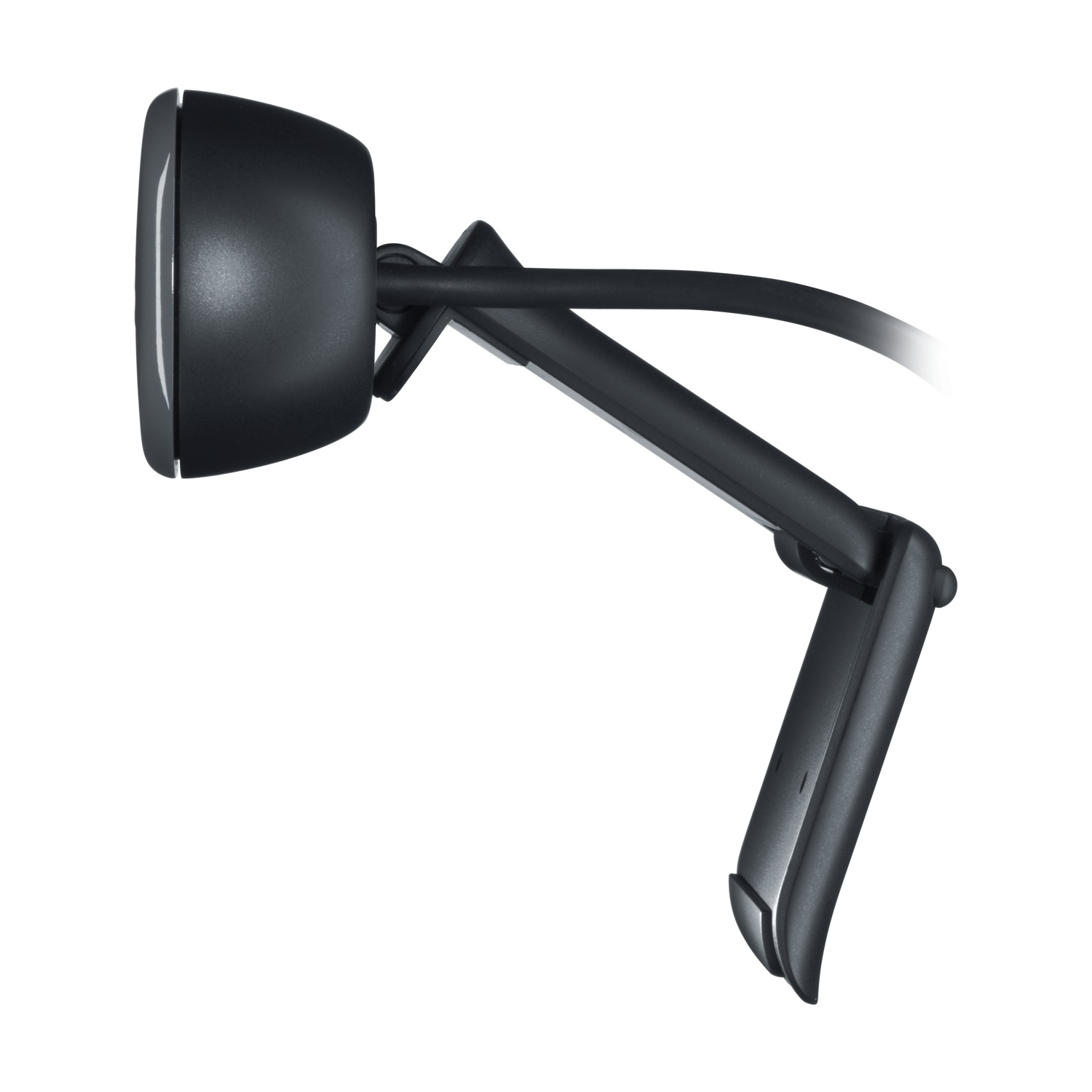 Una webcam nera con supporto regolabile, isolata su sfondo bianco. La fotocamera è rettangolare e ha un obiettivo.