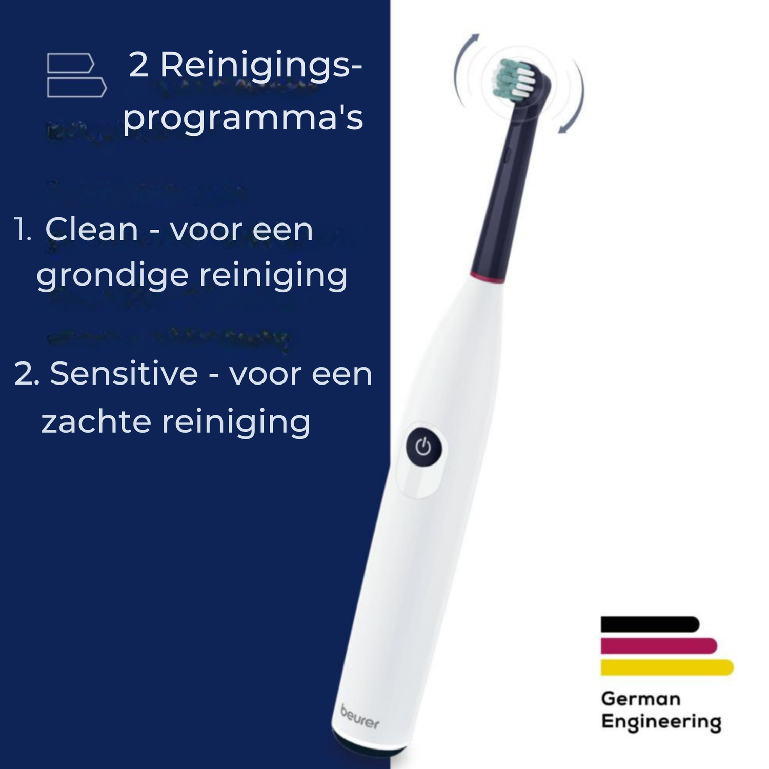 An electric toothbrush with a white handle and a rotating brush head is shown. Text describes cleaning programs.