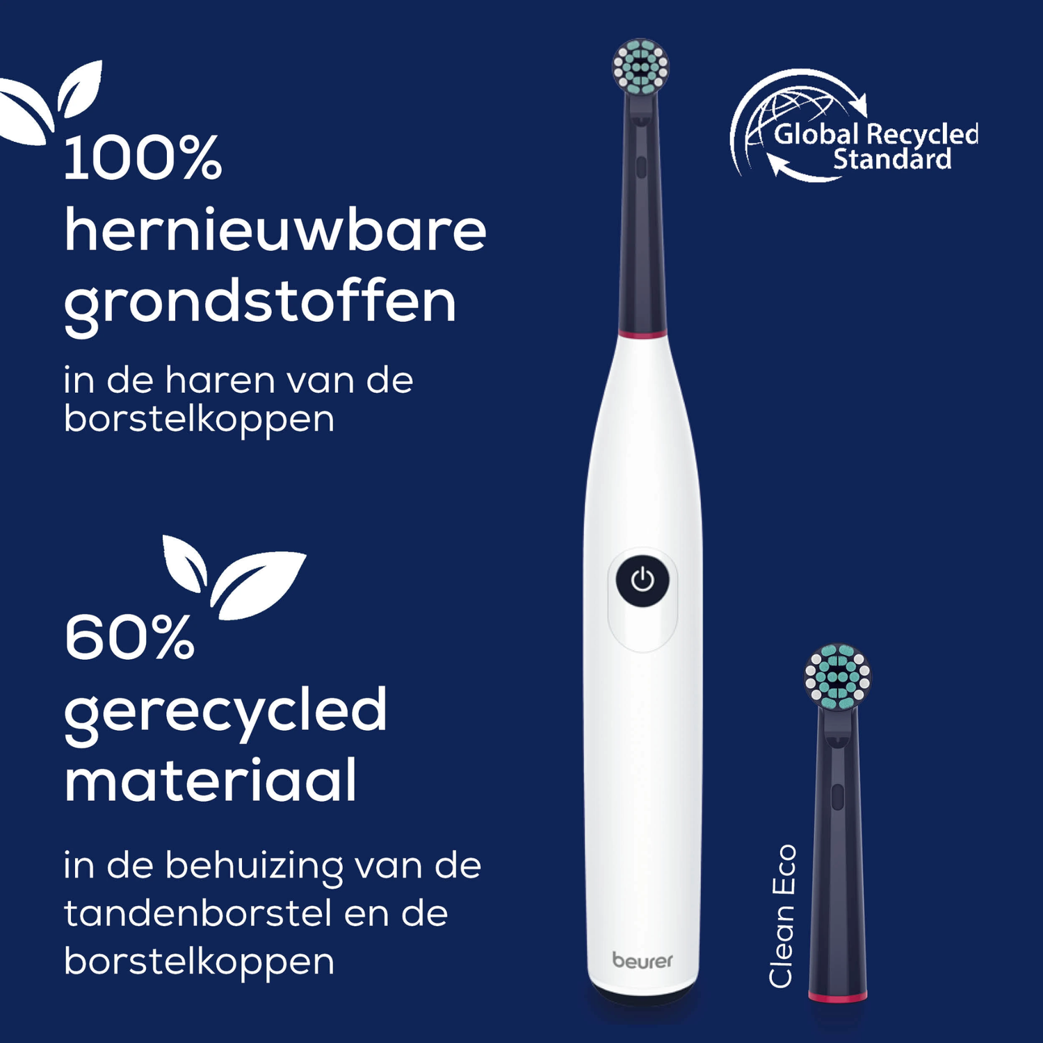 An electric toothbrush with a spare head and text about renewable and recycled materials on a navy blue background.