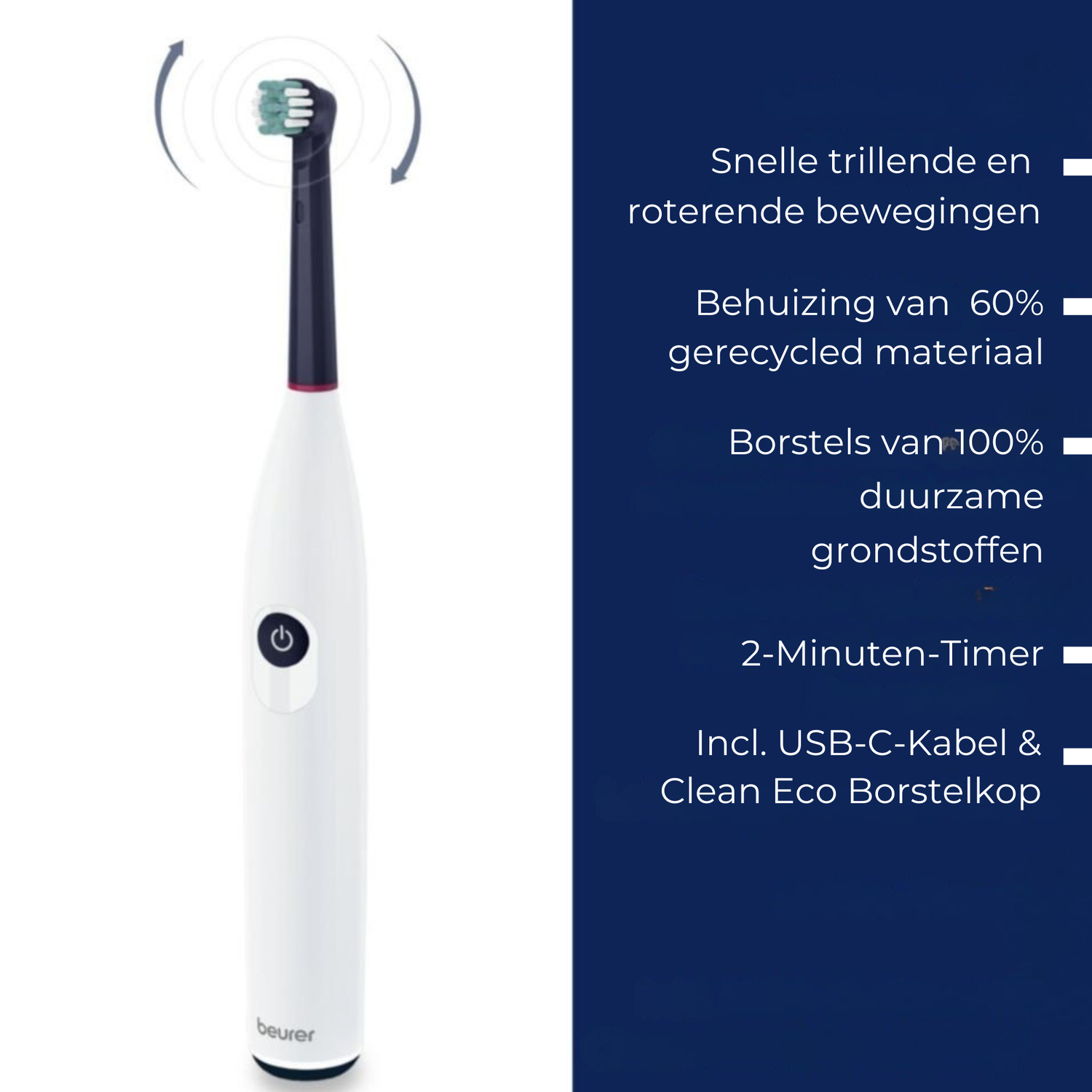 An electric toothbrush with a white handle and a black head. Text on the right side lists features like recycled materials and timer.