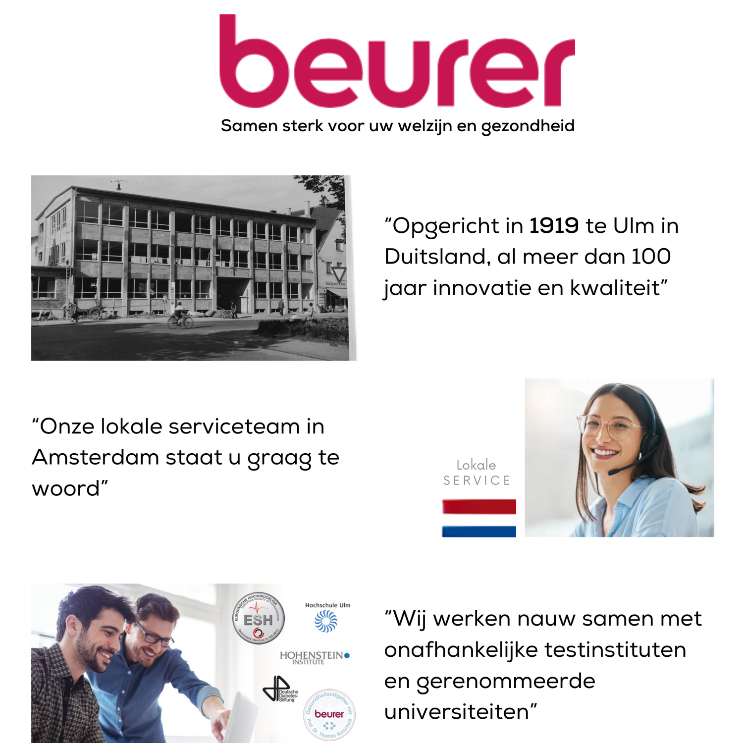 Image features Beurer logo, historical building, customer service rep, and two men looking at a laptop. Text in Dutch.