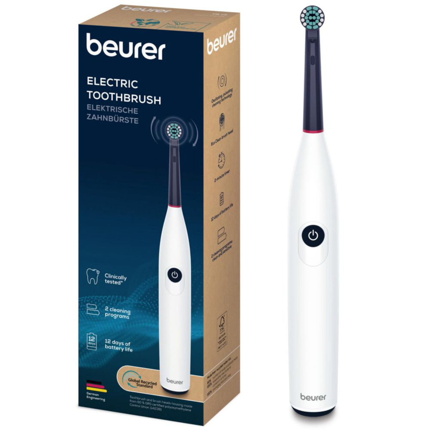 An electric toothbrush and its box. The toothbrush is white with a black and red handle. The box shows features and the brand.