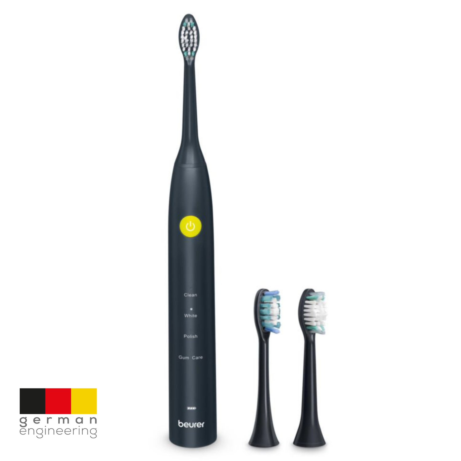 An electric toothbrush with two spare heads. The brush is black with white and blue bristles. The brand name is Beurer and the text 'German engineering'.