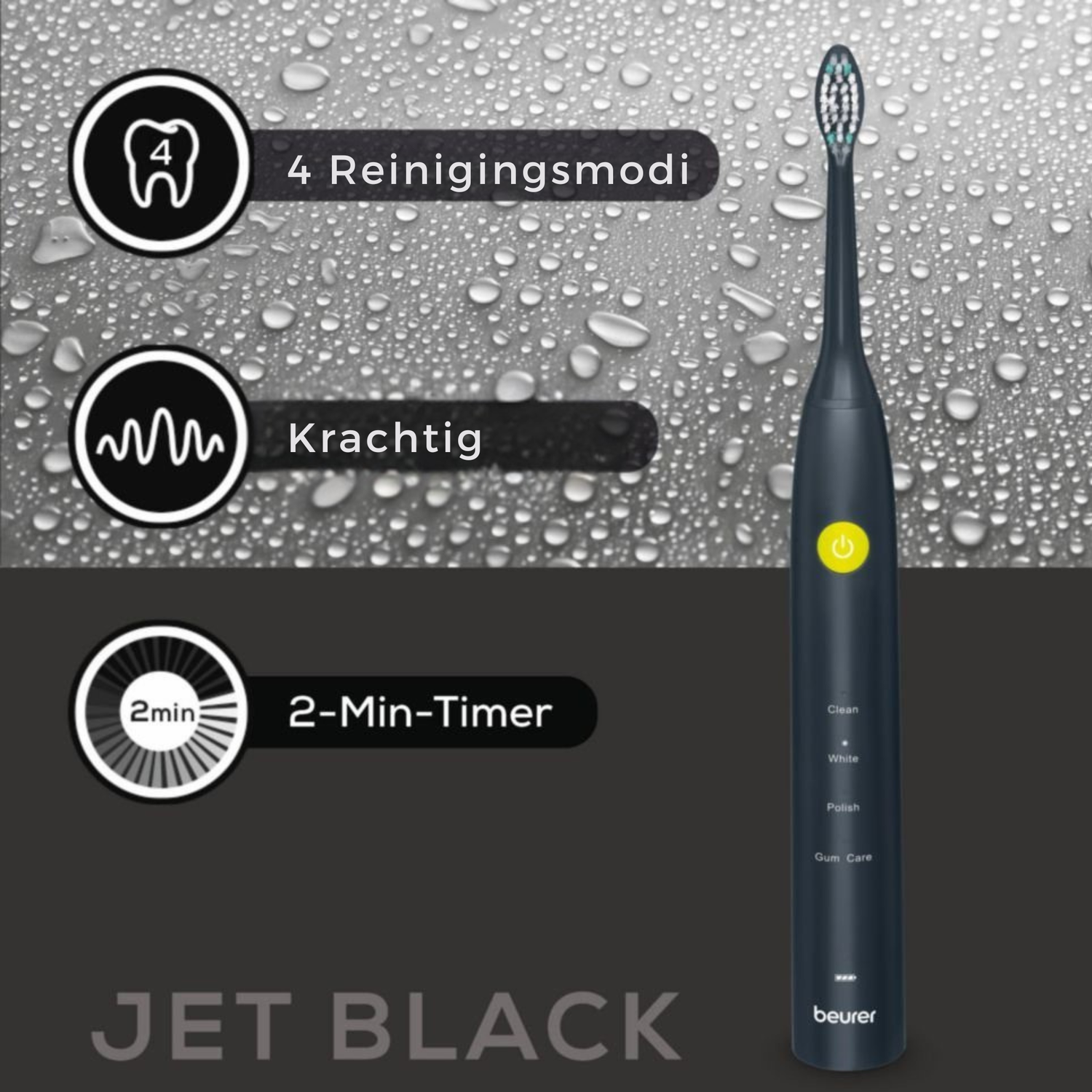 An electric toothbrush with cleaning modes, and a timer. The background is water droplets and a dark grey color.