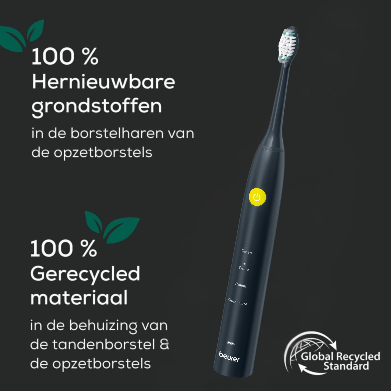 A dark blue electric toothbrush with a white and green brush head. Text on the left side highlights recycled materials and sustainable practices.
