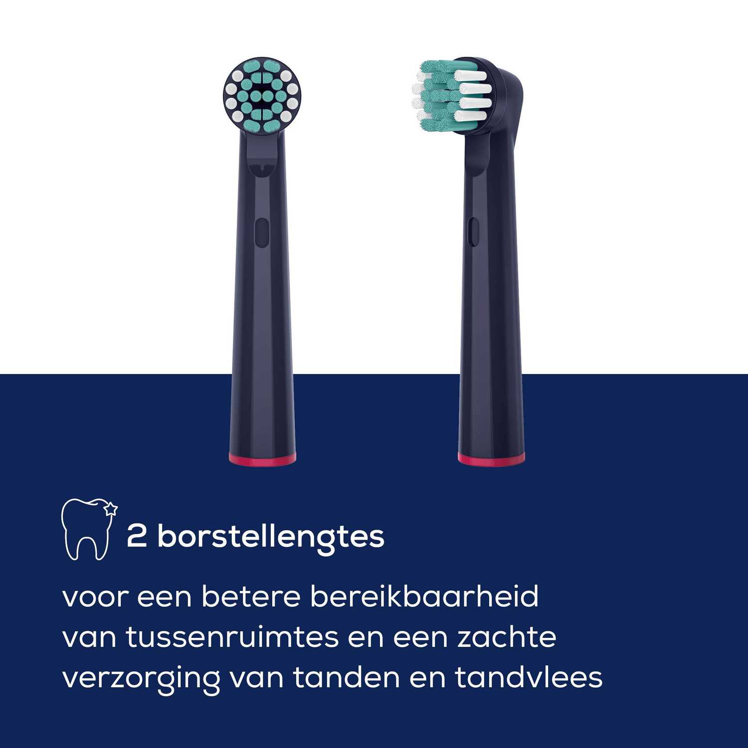 Two black toothbrush heads with colored bristles are displayed against a white background. The text below says '2 brush heads'.