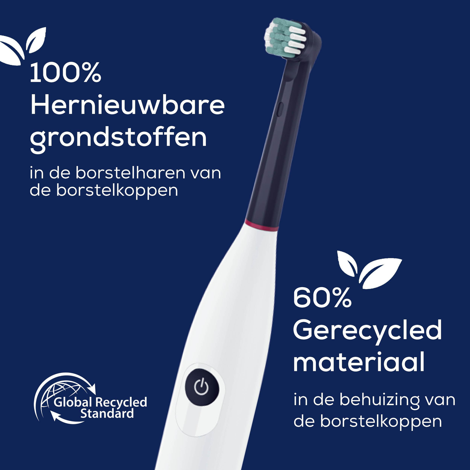 An electric toothbrush with a white handle and black neck. Text indicates renewable materials and recycled content.