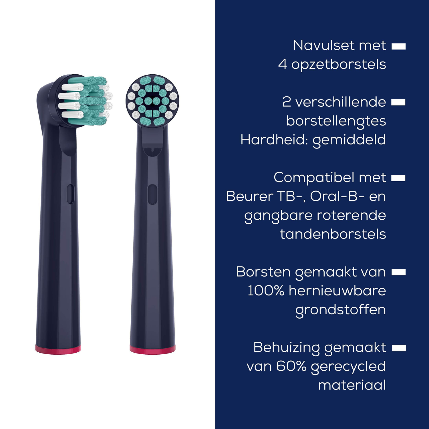 Two toothbrush heads. One with white and green bristles, the other with green bristles. Text: refill set, compatible with Beurer, Oral-B.