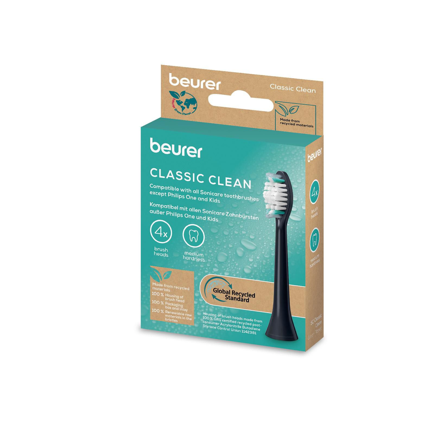 A box of Beurer Classic Clean toothbrush heads. It shows the product, recycling information, and 4 brush heads.