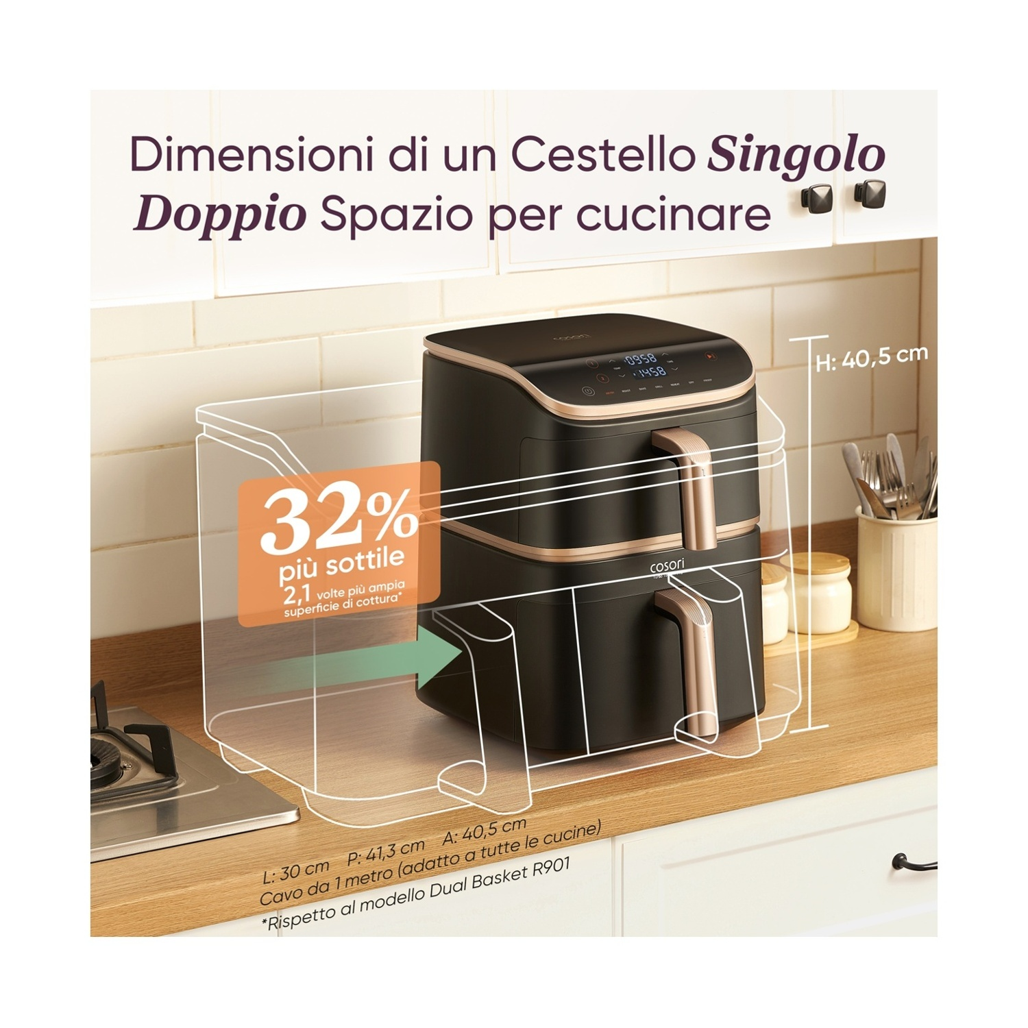 Una friggitrice ad aria su un piano di lavoro in legno. È nera e dorata, con dimensioni visualizzate. È presente un'etichetta 32% più sottile.