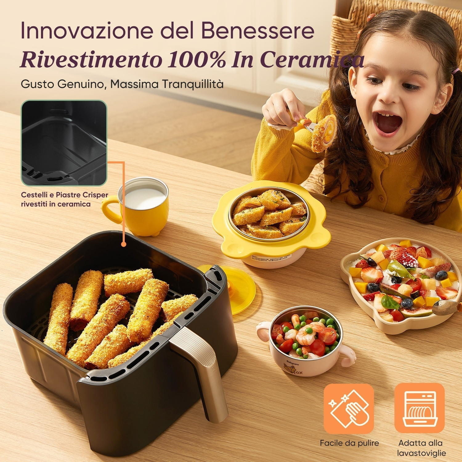 Una bambina mangia cibo fritto da un piatto giallo. Una friggitrice ad aria e altri cibi sono sul tavolo. Il testo promuove il rivestimento in ceramica.