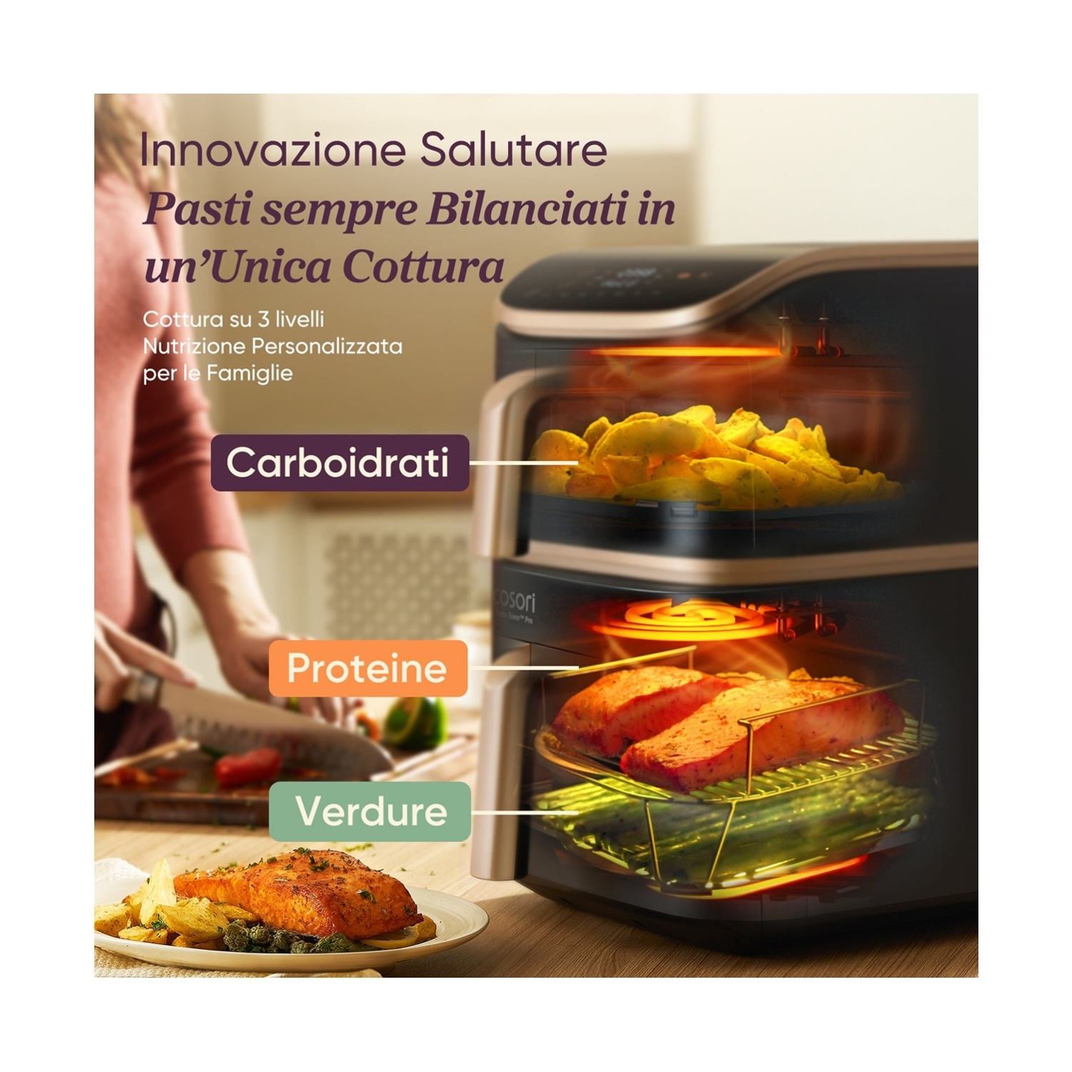 Una friggitrice ad aria multilivello con esempi di cibo: patate, salmone e asparagi. Il testo indica pasti equilibrati e nutrizione personalizzata.