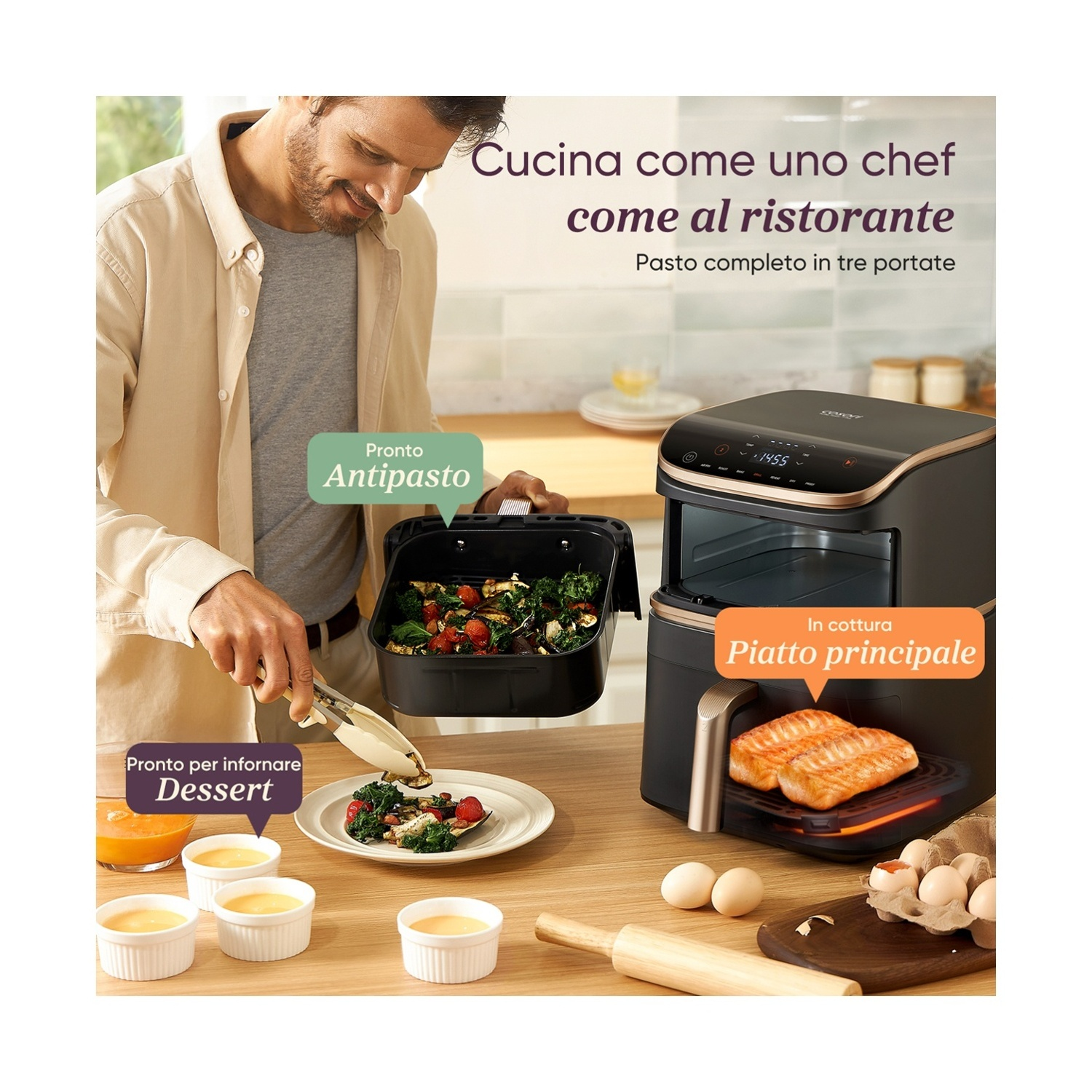Un uomo prepara cibo con una friggitrice ad aria. Include verdure, dessert e salmone cotto. Il testo include 'Antipasto', 'Dessert' e 'Piatto principale'.