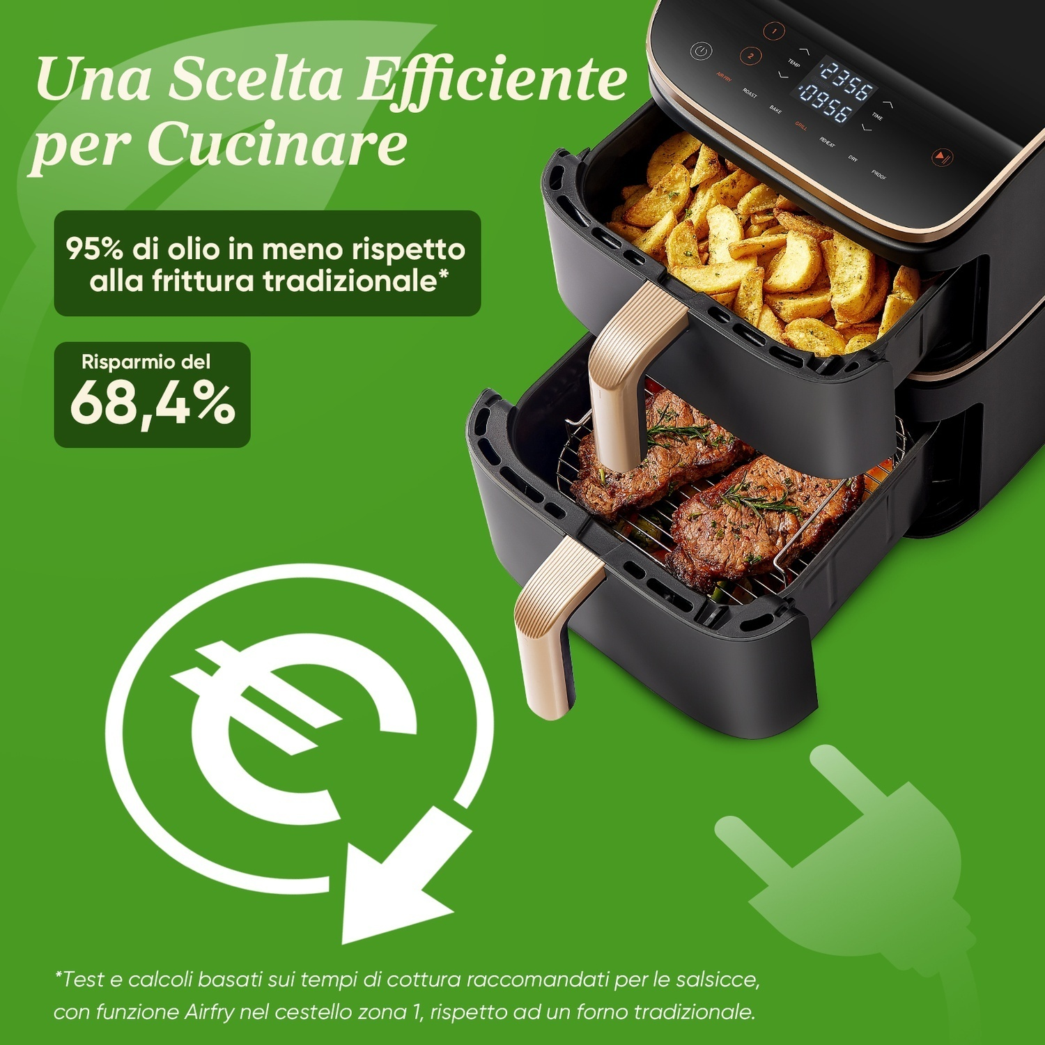 Una friggitrice ad aria con patatine fritte e carne cotta. Il testo indica risparmio energetico e minor uso di olio rispetto ai metodi tradizionali.