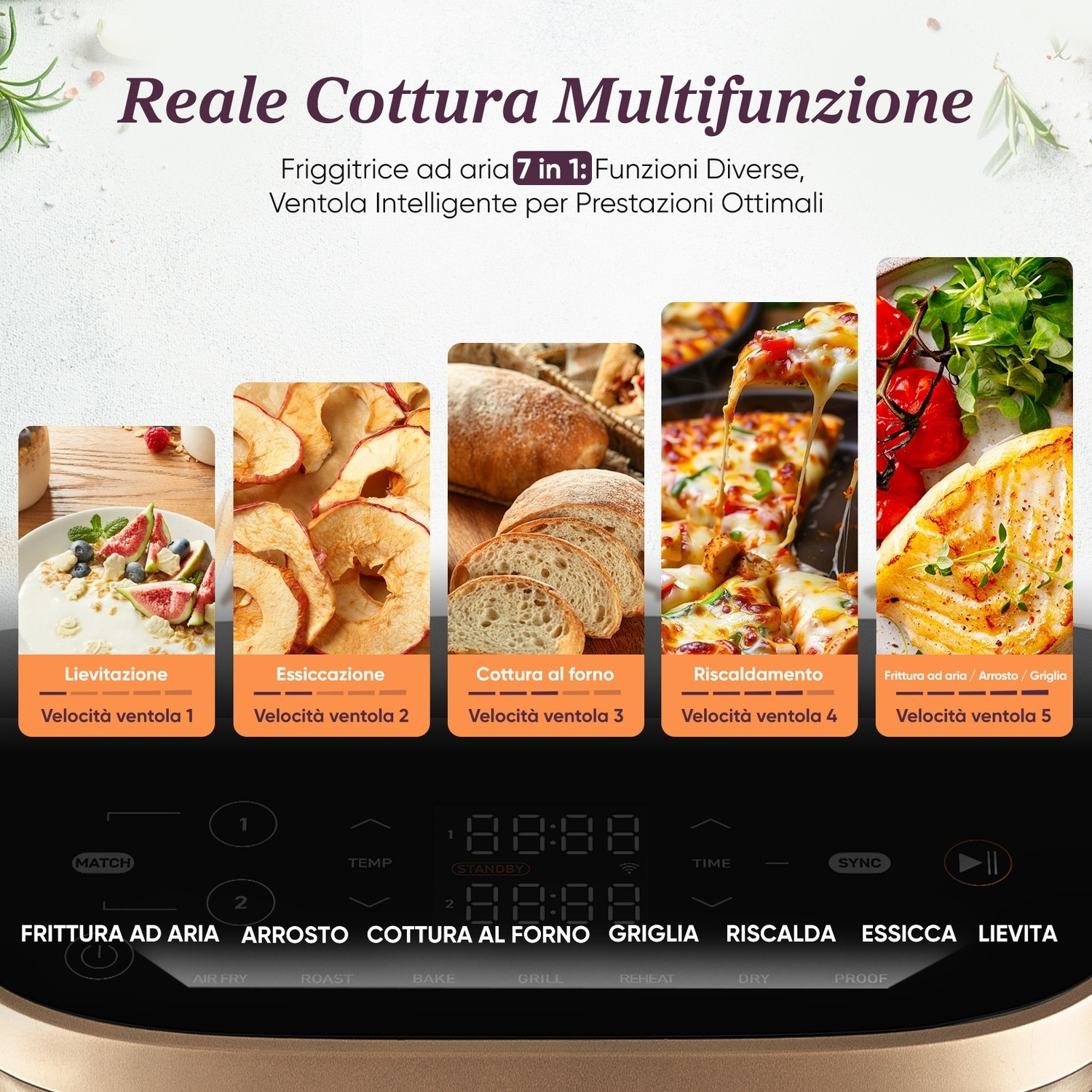 Una friggitrice ad aria con funzioni di cottura. Mostra immagini di cibo e opzioni di controllo. Il display mostra l'ora e i nomi delle funzioni.