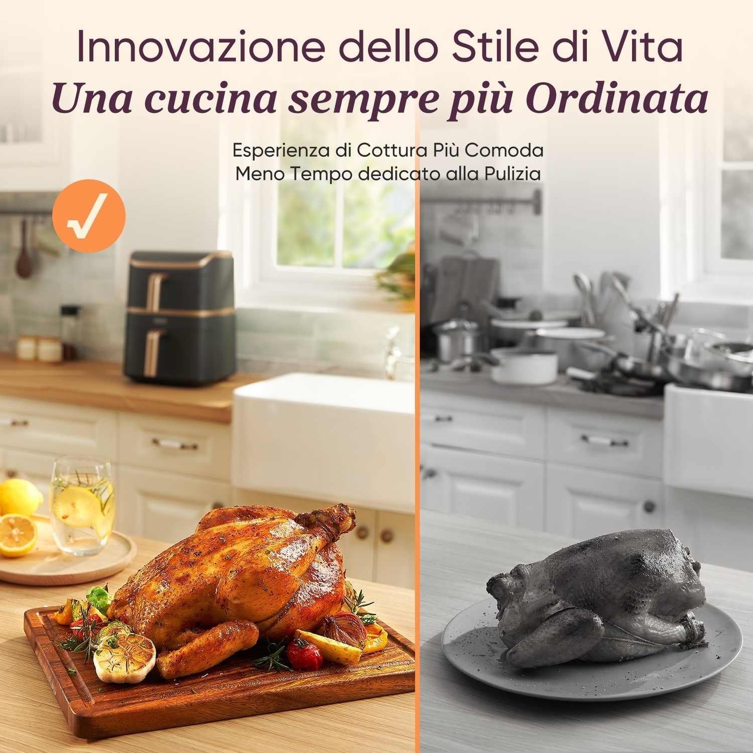 Pollo arrosto su un tagliere di legno accanto a un bicchiere d'acqua. A sinistra c'è una friggitrice ad aria. Lo sfondo mostra una cucina.