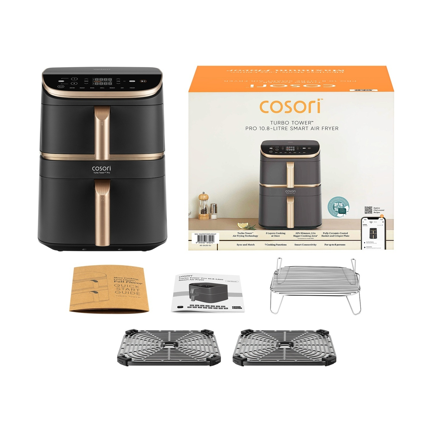 Una friggitrice ad aria nera Cosori Turbo Tower Pro con accessori. Include la scatola, un manuale e griglie. La friggitrice è nera.