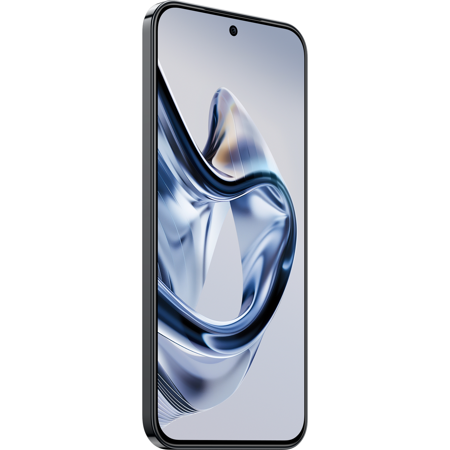 A smartphone on a white background. The screen displays a dynamic, flowing abstract design in blue and gold.