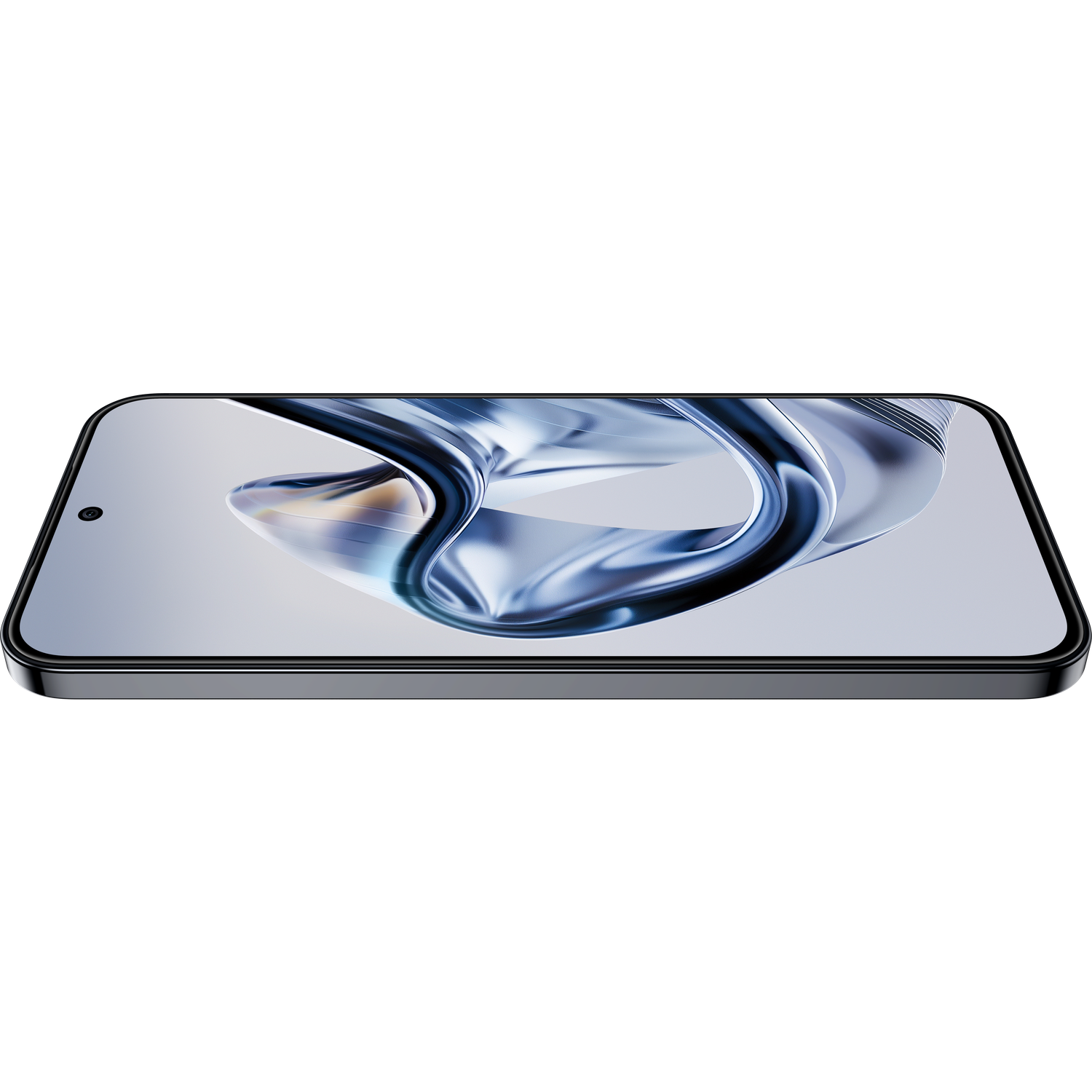 A smartphone with a black frame and a display showing a blue and silver abstract design. The phone is on a black surface.