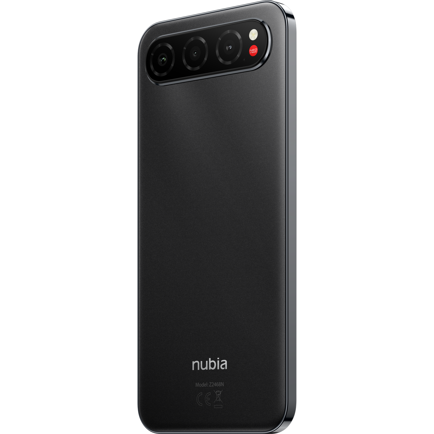 A black Nubia smartphone with a camera array. It has three lenses and a Leica logo. The phone's back is smooth and matte.