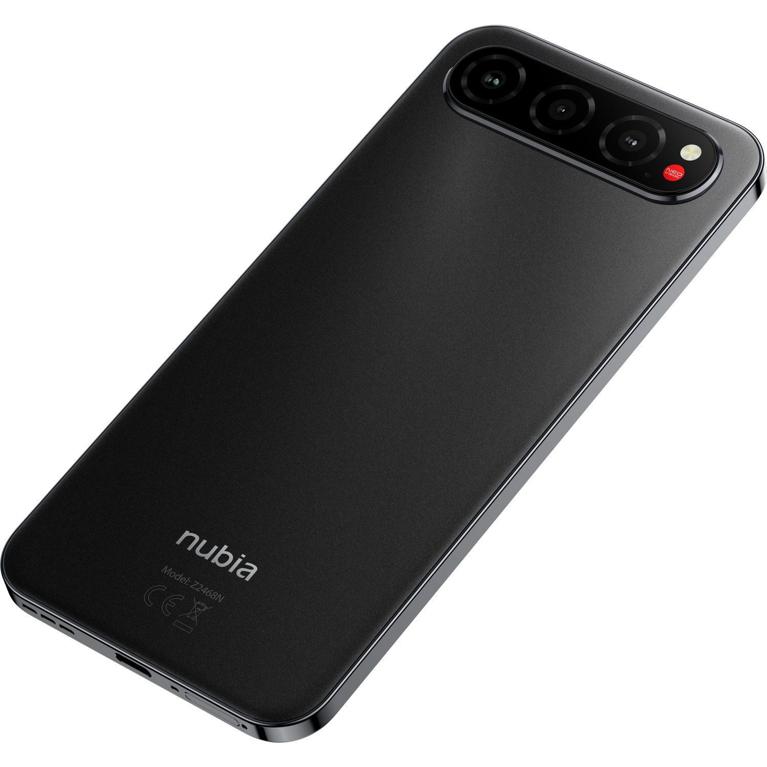 A black Nubia smartphone, angled view. It has a triple-lens camera, Nubia logo, and model number on the back.