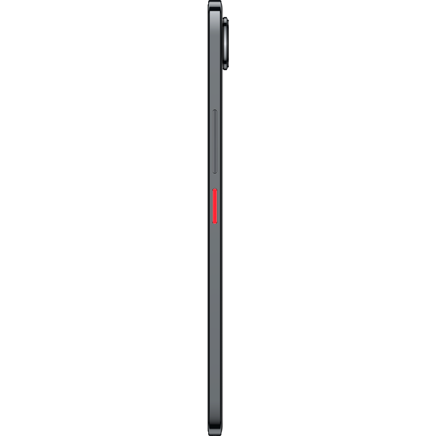 Side view of a dark smartphone. Features a volume rocker and a red power button. Sleek design with a black frame.