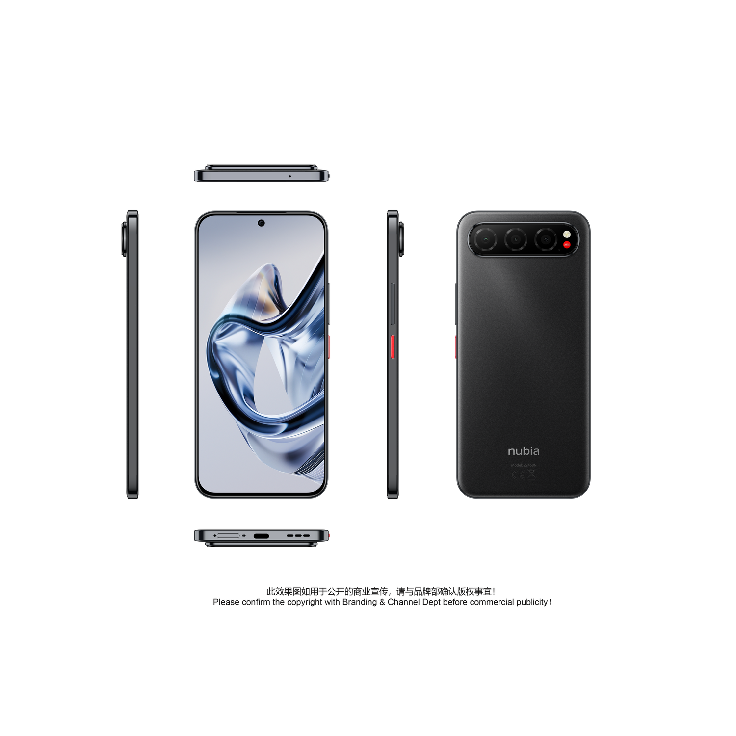 A black Nubia phone with a display showing a blue and white abstract image. Views from different angles are presented.