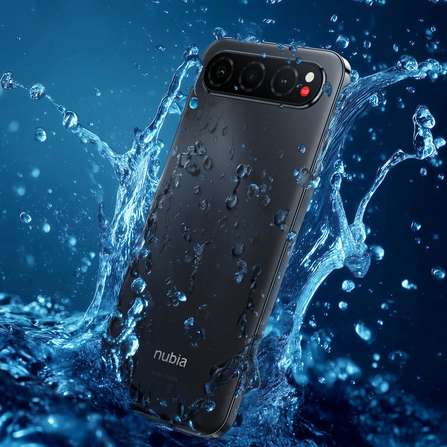 A black Nubia smartphone is surrounded by water splashes. The phone has multiple cameras and the Leica logo. Water droplets are visible.