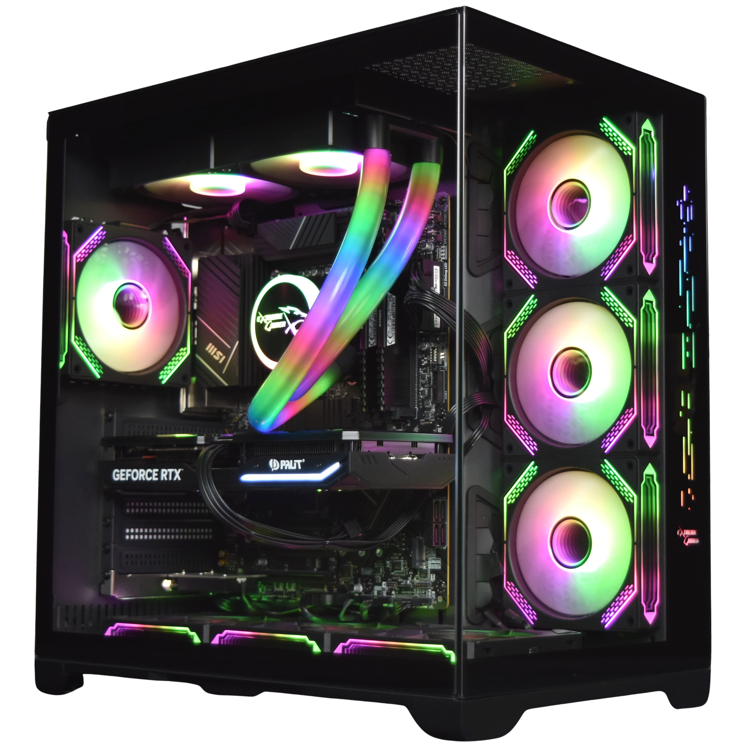 Een zwarte pc-kast met glazen zijpaneel. Binnenin zitten kleurrijke ventilatoren, een grafische kaart en waterkoelingsbuizen met regenbooglichten.