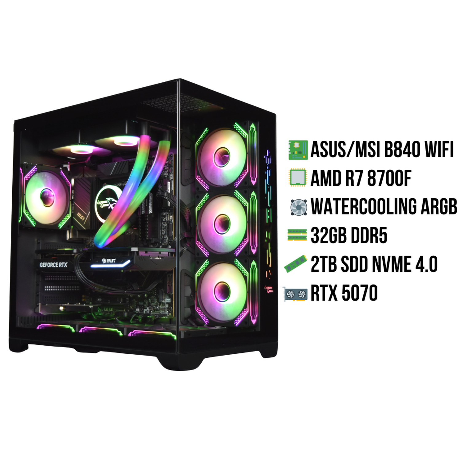 Een gaming pc-case met interne componenten verlicht door RGB-verlichting. Tekst toont componenten zoals RTX 5070, AMD R7 8700F en 32GB DDR5.