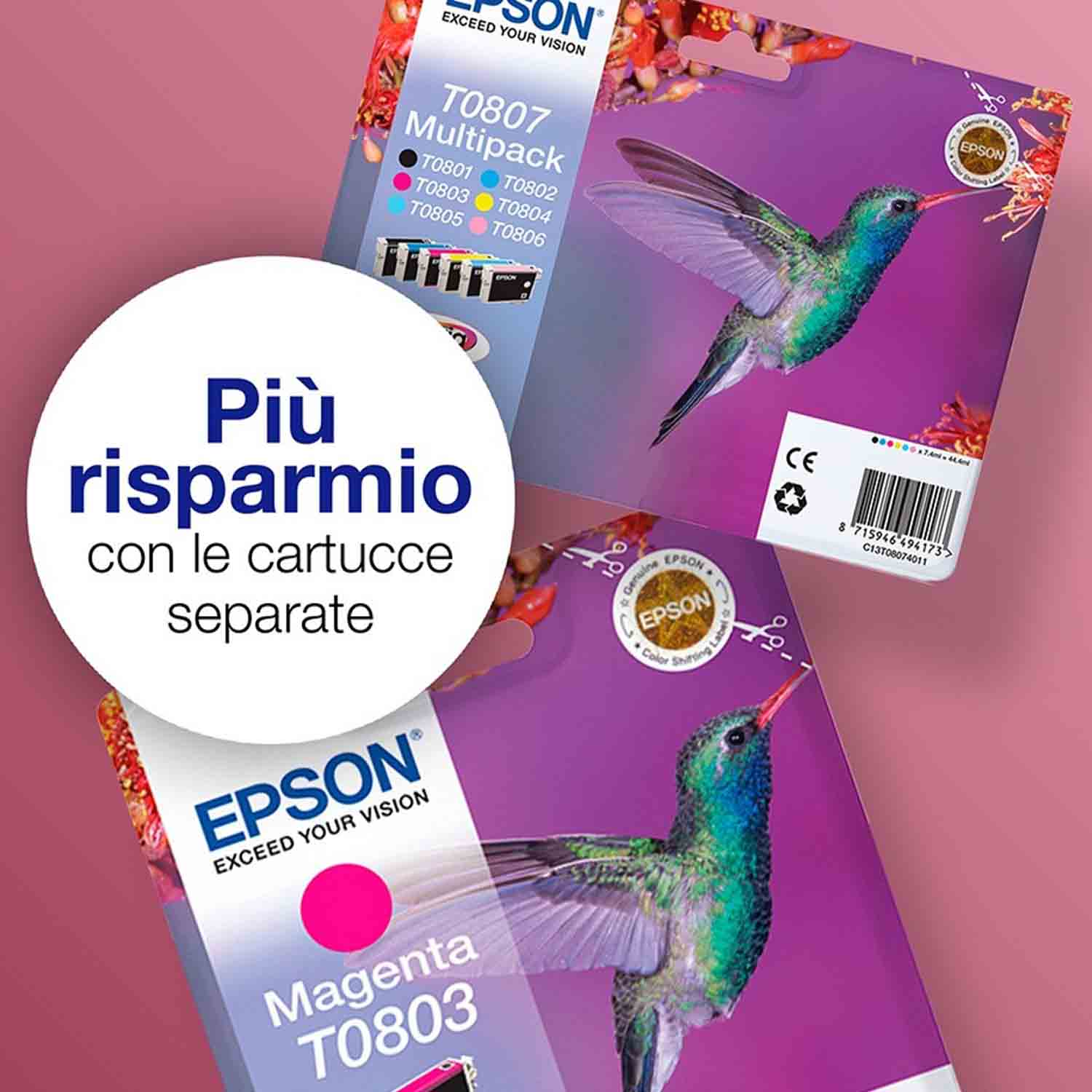 Cartucce d'inchiostro Epson. Un'immagine di colibrì è sulla confezione della cartuccia.