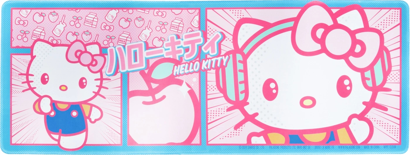 Hello Kitty design. Fehér háttér Hello Kitty karakterekkel, japán szöveggel és rózsaszín/kék színvilággal. Kawaii élelmiszer ikonokat is tartalmaz.