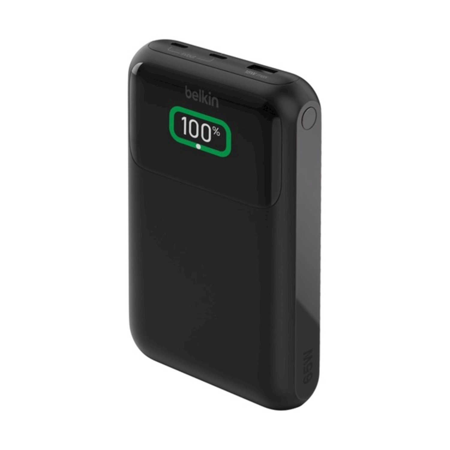 Power bank Belkin nera. Visualizza il 100% di batteria. Ha un pulsante di accensione e un'etichetta da 65W. Il dispositivo è su sfondo bianco.