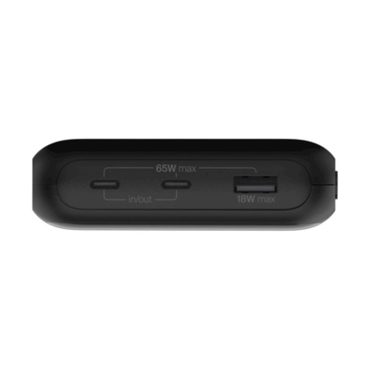 Power bank nera con porte etichettate 'in/out', '65W max' e '18W max'. Ha una forma rettangolare arrotondata.