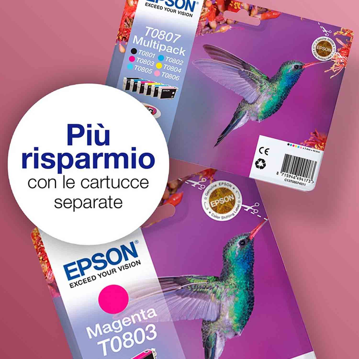 Cartucce d'inchiostro Epson con illustrazioni di colibrì. Le confezioni mostrano opzioni di colore e testo in italiano, con 'Più risparmio' evidenziato.