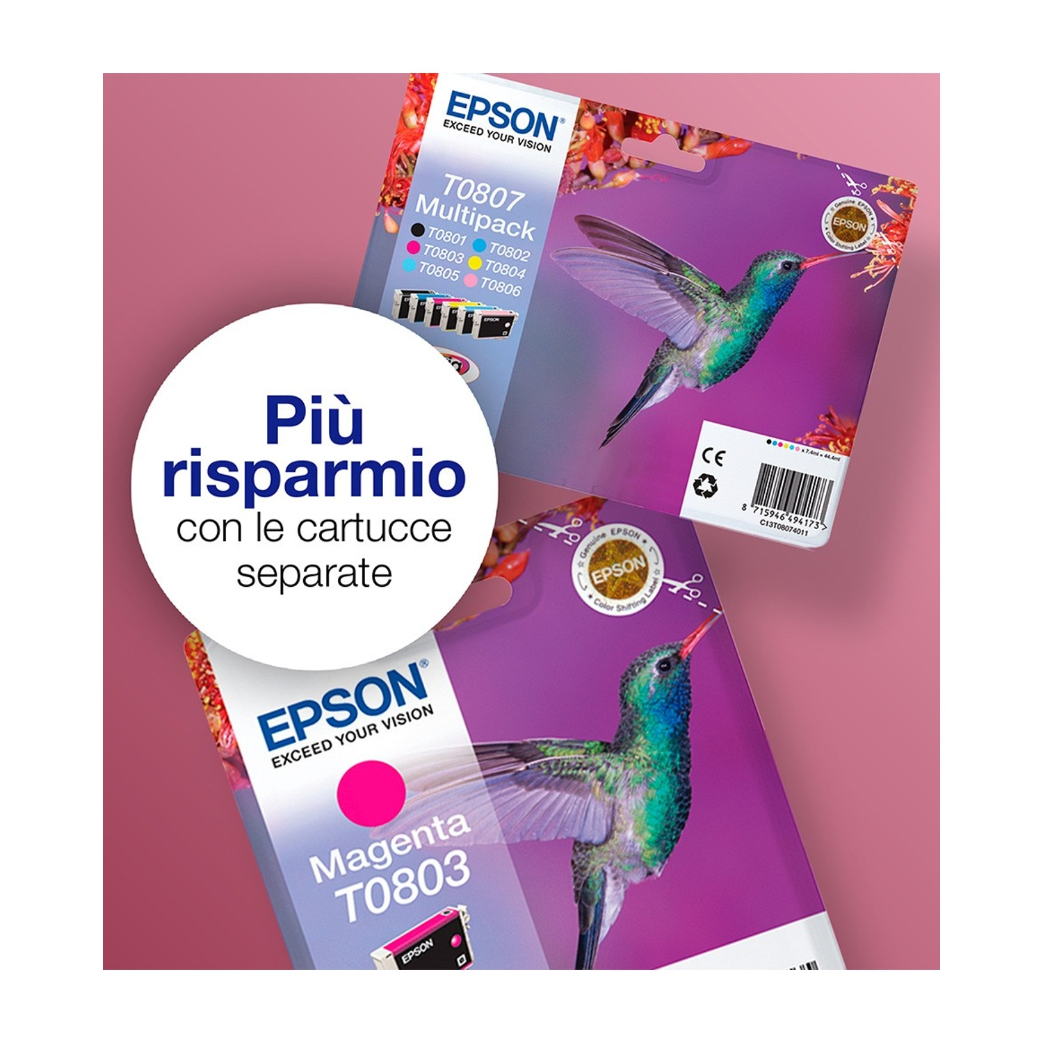 Cartucce d'inchiostro Epson con immagini di colibrì. Il testo include 'Più risparmio' e 'Magenta T0803'.
