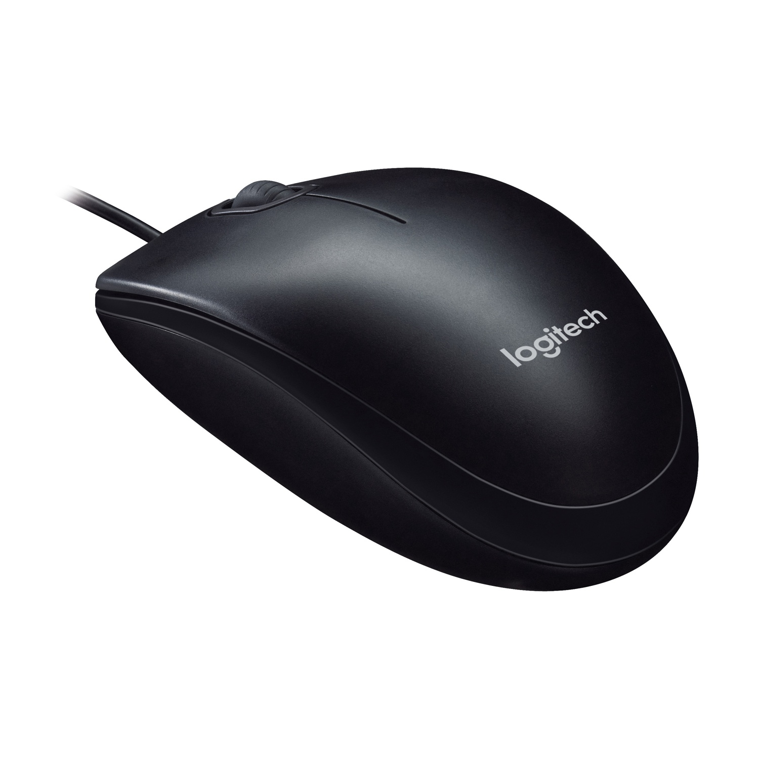 Un mouse per computer Logitech nero su sfondo bianco. Ha una rotella, due pulsanti e un cavo.