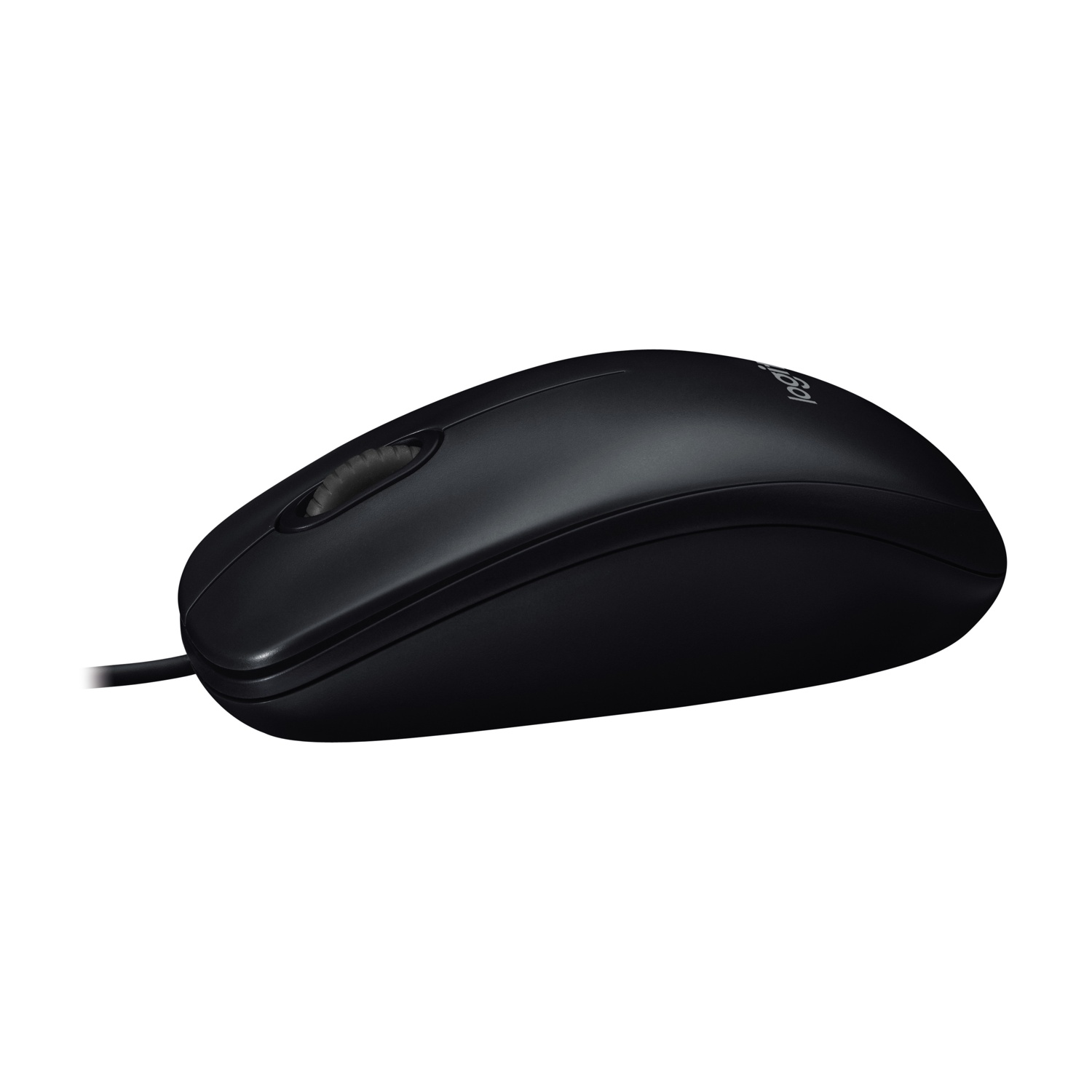 Un mouse nero per computer con cavo, con rotella di scorrimento e logo sulla superficie, isolato su sfondo bianco.