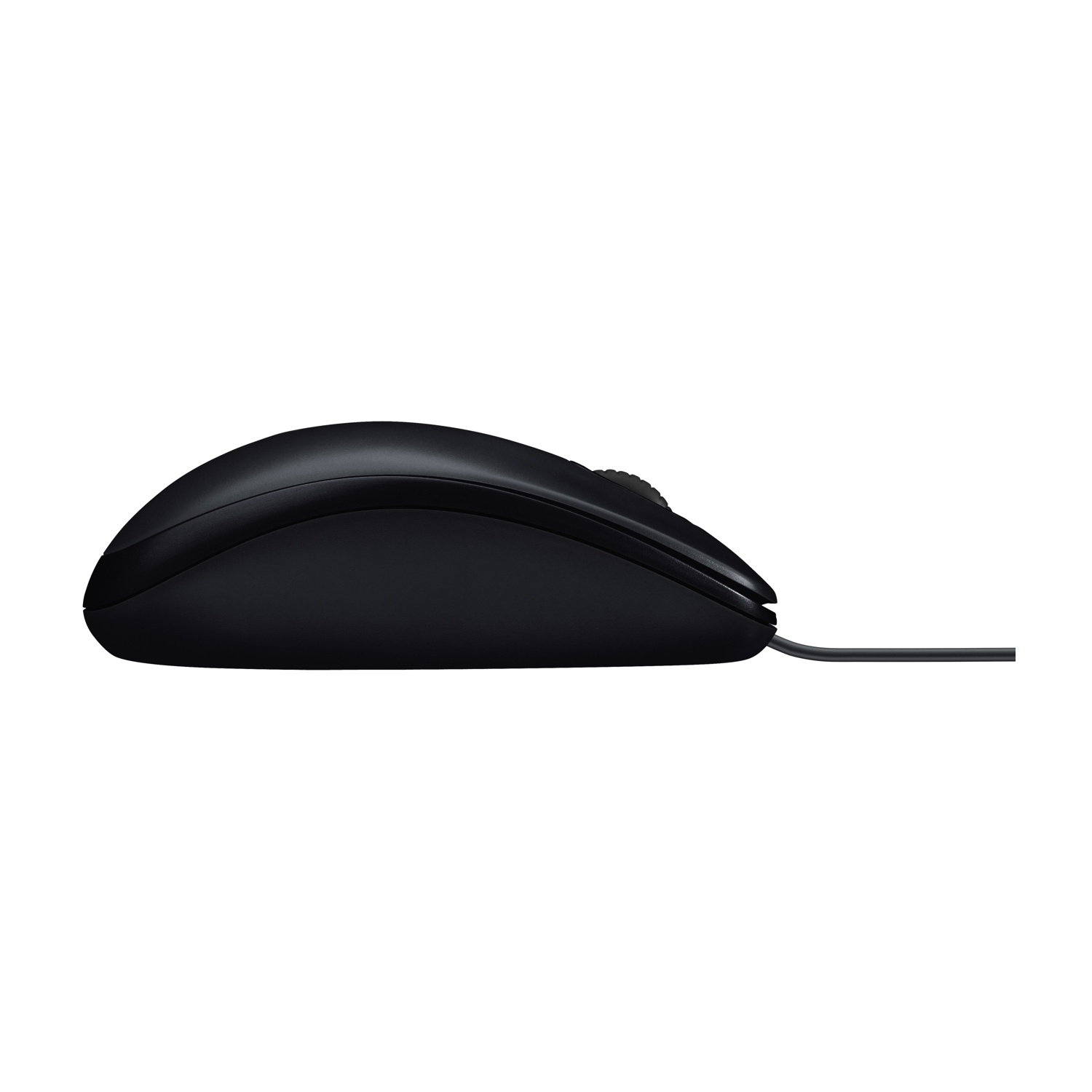 Un mouse nero per computer è mostrato di profilo su sfondo bianco. Il mouse ha una rotellina e un cavo.